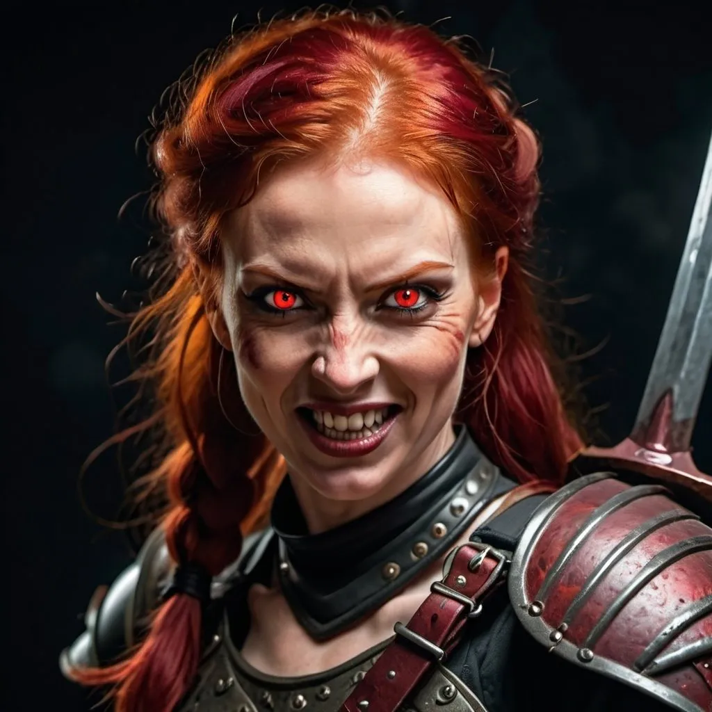 Prompt: Evil red-haired warrior woman with a mischievous grin. Carmine, red eyes. Fierce combat stance.