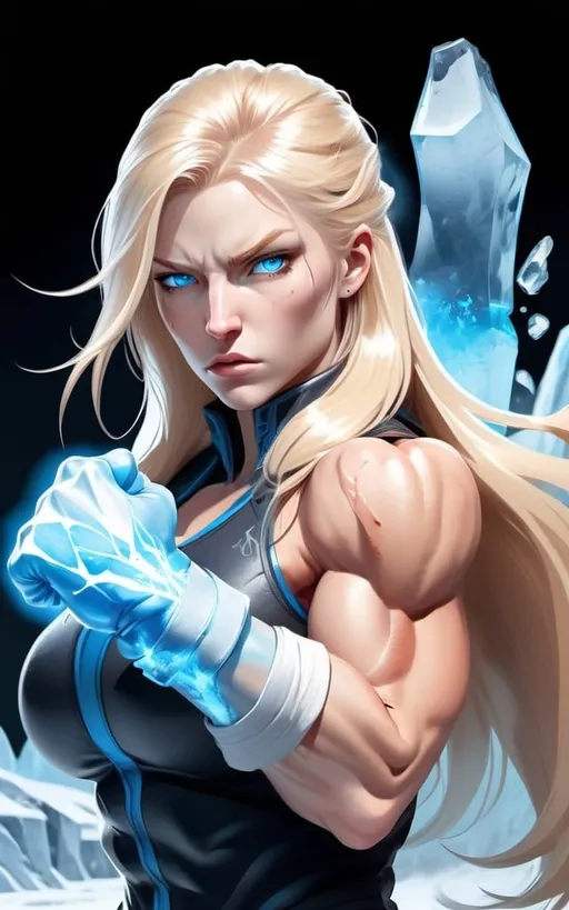 Prompt: Female figure. Greater bicep definition. Sharper, clearer blue eyes. Nosebleed. Long Blonde hair flapping. Frostier, glacier effects. Fierce combat stance. Raging Fists. Icy Knuckles.