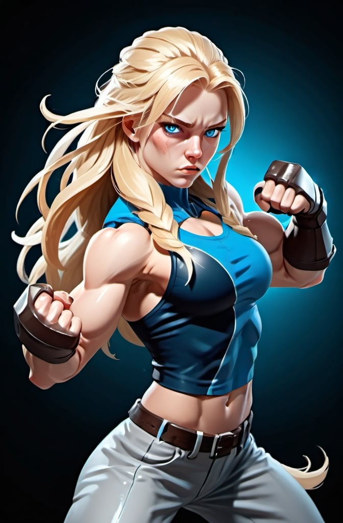 Prompt: Female figure. Greater bicep definition. Sharper, clearer blue eyes. Nosebleed. Long Blonde hair flapping. Frostier, glacier effects. Fierce combat stance. Icy Knuckles.