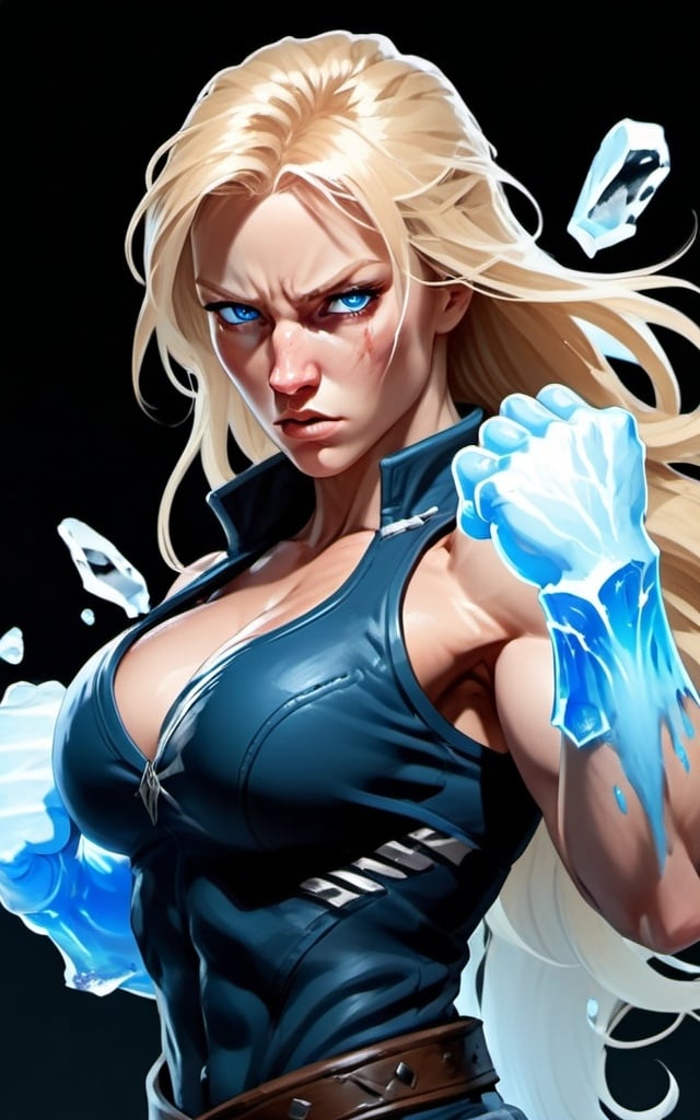 Prompt: Female figure. Greater bicep definition. Sharper, clearer blue eyes. Bleeding. Long Blonde hair flapping. Frostier, glacier effects. Fierce combat stance. Raging Fists. Icy Knuckles.