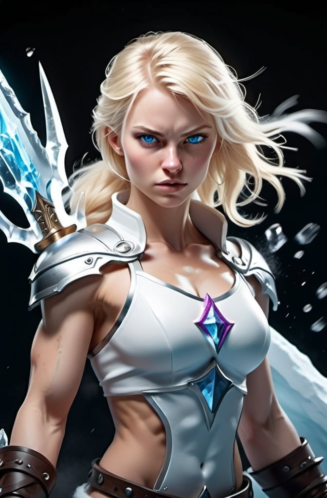 Prompt:  Female figure. Greater bicep definition. Sharper, clearer blue eyes. Blonde hair  flapping. Frostier, glacier effects. Engulfed in White Mist. Fierce combat stance. Holding Ice Daggers.