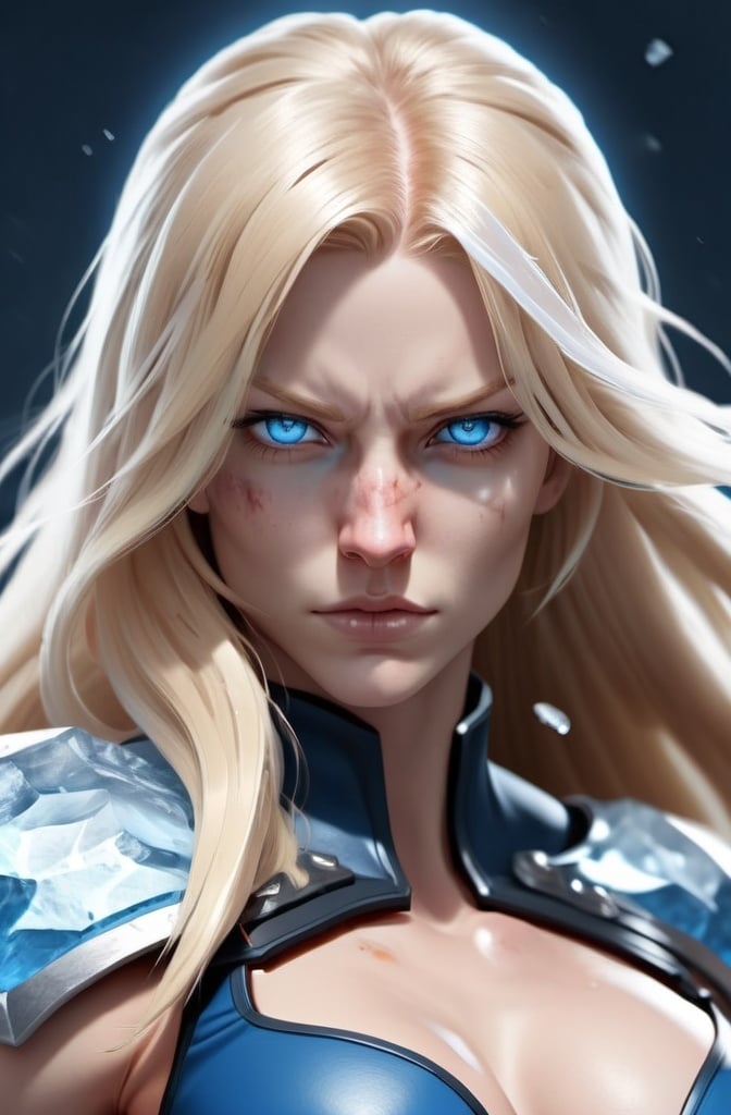 Prompt:  Female figure. Greater bicep definition. Sharper, clearer blue eyes. Nosebleed. Long Blonde hair flapping. Frostier, glacier effects. Fierce combat stance. Raging Fists. Icy Knuckles. 