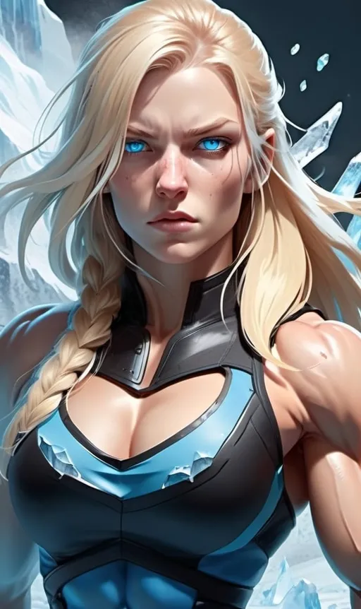 Prompt: Female figure. Greater bicep definition. Sharper, clearer blue eyes. Nosebleed. Long Blonde hair flapping. Frostier, glacier effects. Fierce combat stance. Raging Fists. Icy Knuckles.