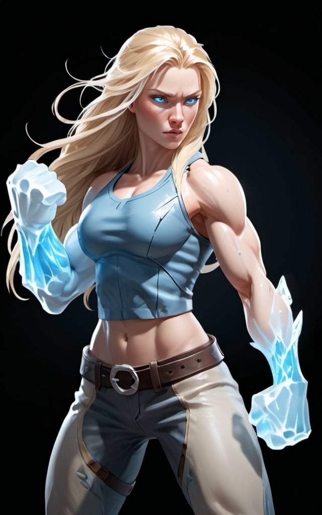 Prompt: Female figure. Greater bicep definition. Sharper, clearer blue eyes. Long Blonde hair flapping. Frostier, glacier effects. Fierce combat stance. Icy Knuckles. 