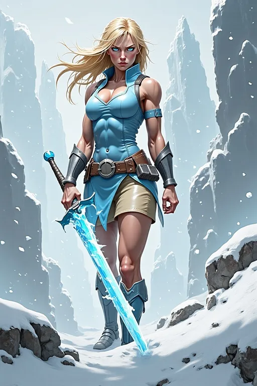 Prompt: @lbK8EQWu1r8WEqH2g1L6 A muscular female warrior wielding a shimmering sword of ice, standing in a frozen landscape. She is mid-action, gripping the icy blade with both hands, her stance powerful and determined. Her armor is sleek and metallic, reflecting cold blue and silver tones, with frost forming along the edges. Her hair flows behind her, caught in a gust of icy wind. The environment features jagged ice formations and a snow-covered ground under a pale, overcast sky. Soft blue light emanates from the sword, illuminating her focused expression. The scene is captured from a slightly low angle, emphasizing her strength and the glowing weapon, with swirling snow and icy particles adding a dynamic, wintry atmosphere.