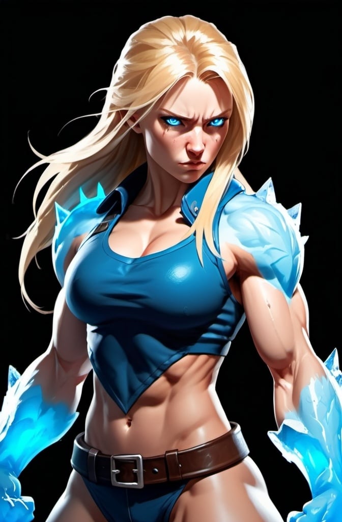 Prompt: Female figure. Greater bicep definition. Sharper, clearer blue eyes. Nosebleed. Long Blonde hair flapping. Frostier, glacier effects. Fierce combat stance. Raging Fists. Icy Knuckles. 