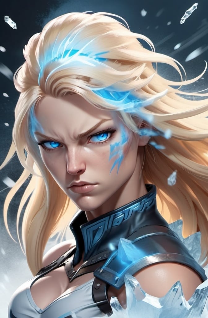 Prompt:  Female figure. Greater bicep definition. Sharper, clearer blue eyes. Nosebleed. Long Blonde hair flapping. Frostier, glacier effects. Fierce combat stance. Raging Fists. Icy Knuckles. 