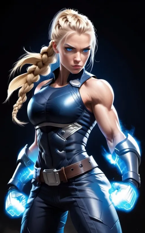 Prompt:  Female figure. Greater bicep definition. Dark Blue eyes. Blonde braided ponytail. Fierce combat stance. Raging Gravity-powered Gauntlets. 