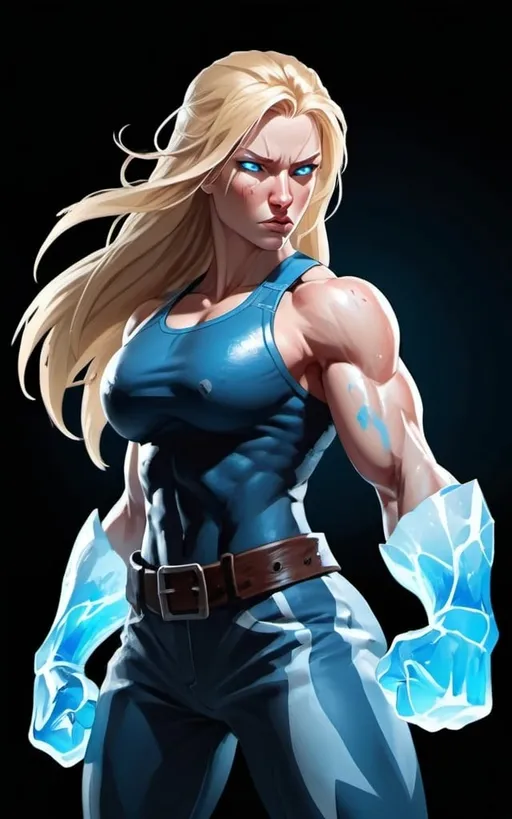 Prompt: Female figure. Greater bicep definition. Sharper, clearer blue eyes. Nosebleed. Long Blonde hair flapping. Frostier, glacier effects. Fierce combat stance. Raging Fists. Icy Knuckles. 