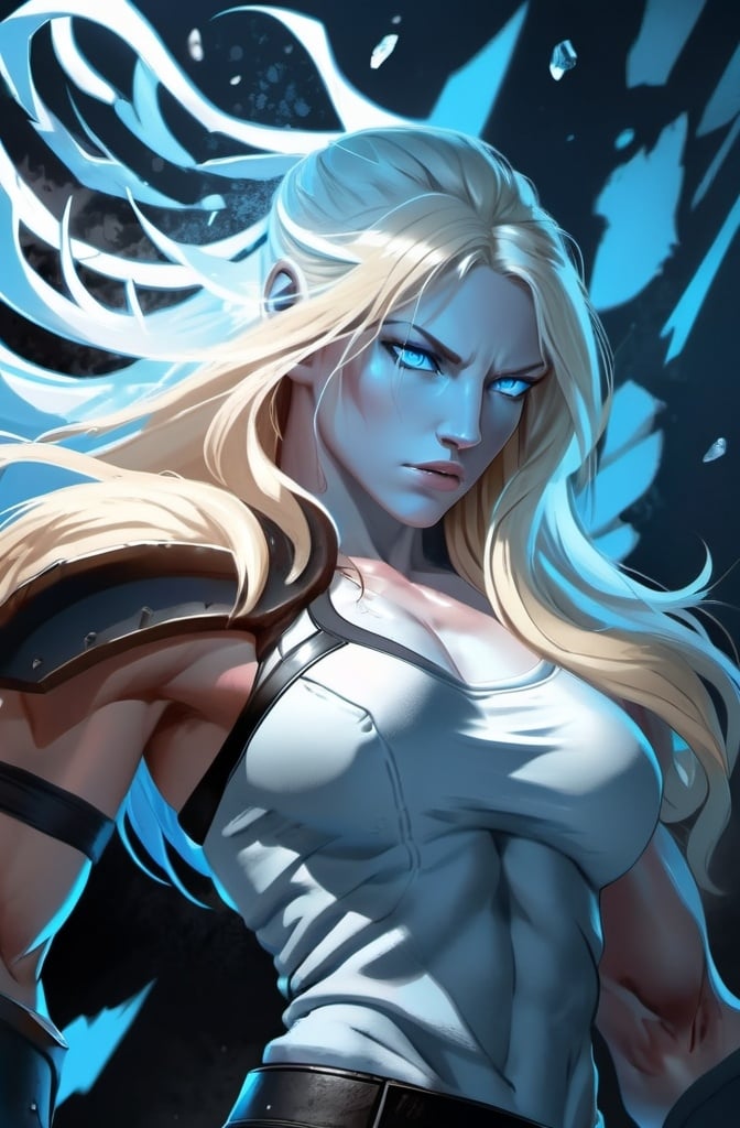 Prompt: Female figure. Greater bicep definition. Sharper, clearer blue eyes. Nosebleed. Long Blonde hair flapping. Frostier, glacier effects. Fierce combat stance. Raging Fists. Icy Knuckles.