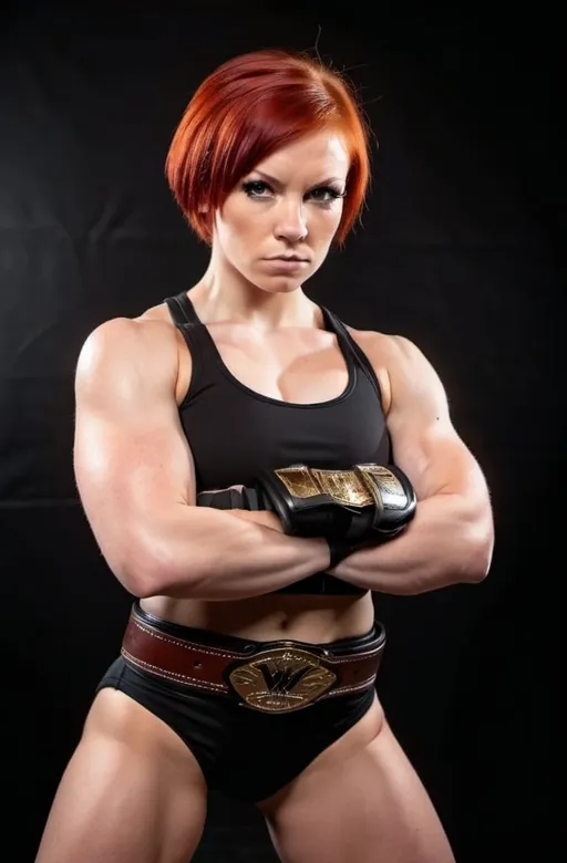 Prompt: Female figure. Young woman. Greater bicep definition. Short red hair. Pro Wrestler. Championship belt. Fierce Combat Stance. 
