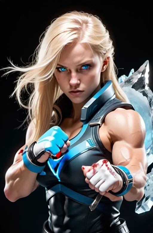 Prompt: Female figure. Greater bicep definition. Sharper, clearer blue eyes. Nosebleed. Long Blonde hair flapping. Frostier, glacier effects. Fierce combat stance. Icy Knuckles.