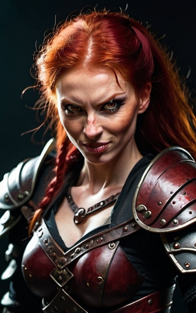 Prompt: Evil red-haired warrior woman with a mischievous grin. Carmine, red eyes. Fierce combat stance.