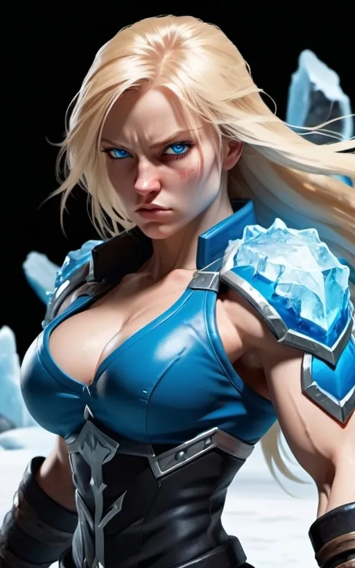 Prompt: Female figure. Greater bicep definition. Sharper, clearer blue eyes. Bleeding. Long Blonde hair flapping. Frostier, glacier effects. Fierce combat stance. Raging Fists. Icy Knuckles.