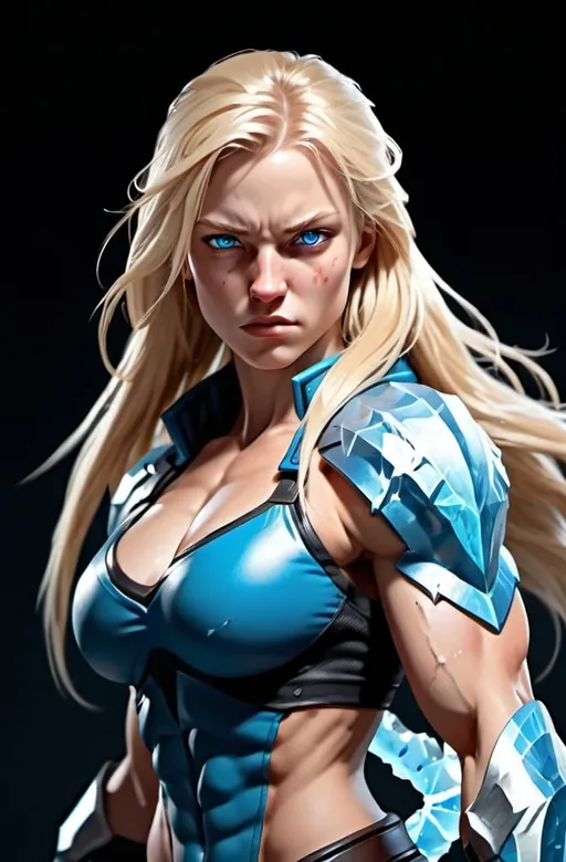 Prompt: Female figure. Greater bicep definition. Sharper, clearer blue eyes. Nosebleed. Long Blonde hair flapping. Frostier, glacier effects. Fierce combat stance. Icy Knuckles.