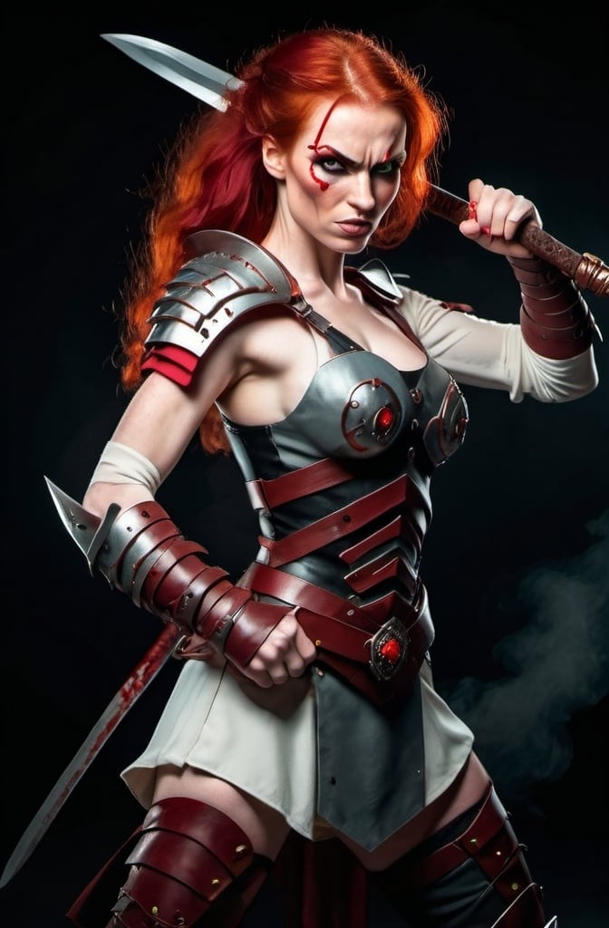 Prompt: Evil red-haired warrior woman with a mischievous smirk. Carmine, red eyes. Fierce combat stance.