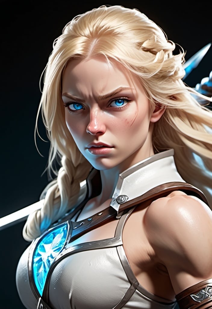 Prompt: Female figure. Greater bicep definition. Sharper, clearer blue eyes. Nosebleed. Long Blonde hair flapping. Frostier, glacier effects. Fierce combat stance. Ice Sword. 