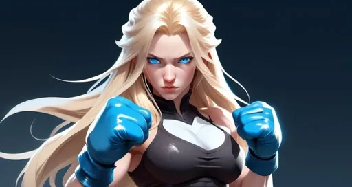 Prompt: Female figure. Greater bicep definition. Sharper, clearer blue eyes. Nosebleed. Long Blonde hair flapping. Frostier, glacier effects. Fierce combat stance. Raging Fists. Icy Knuckles.