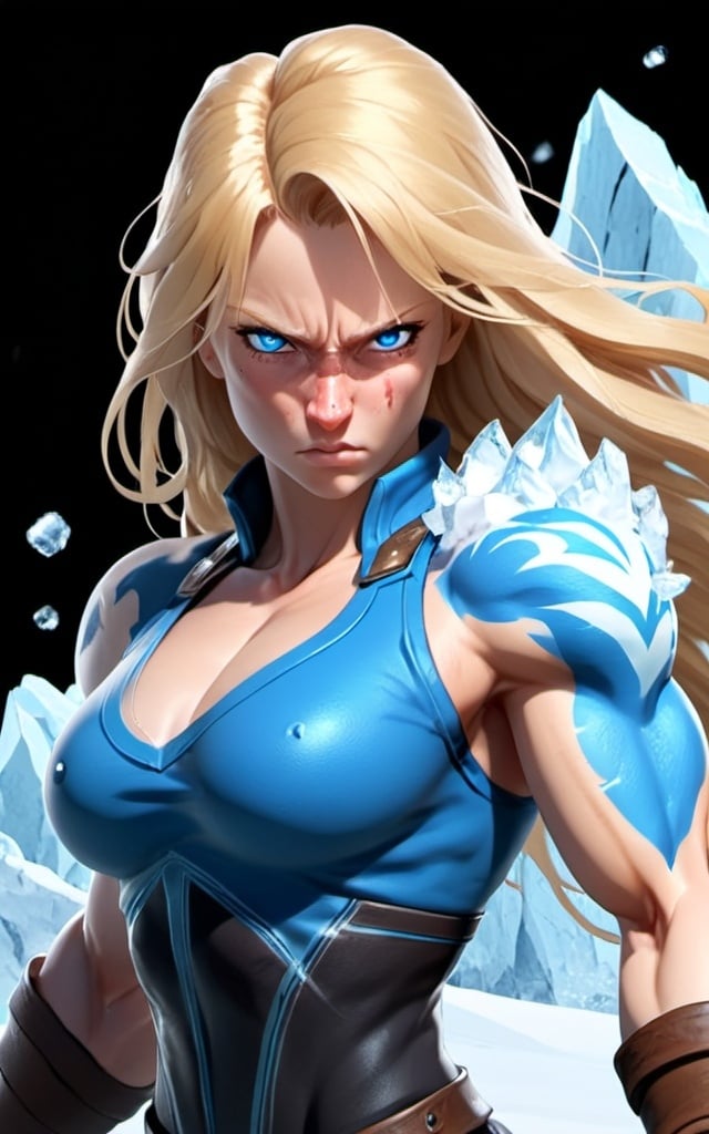 Prompt: Female figure. Greater bicep definition. Sharper, clearer blue eyes. Nosebleed. Long Blonde hair flapping. Frostier, glacier effects. Fierce combat stance. Raging Fists. Icy Knuckles. 