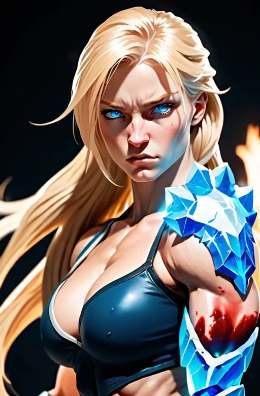 Prompt: Female figure. Greater bicep definition. Sharper, clearer blue eyes. Nosebleed. Long Blonde hair flapping. Frostier, glacier effects. Fierce combat stance. Icy Knuckles.