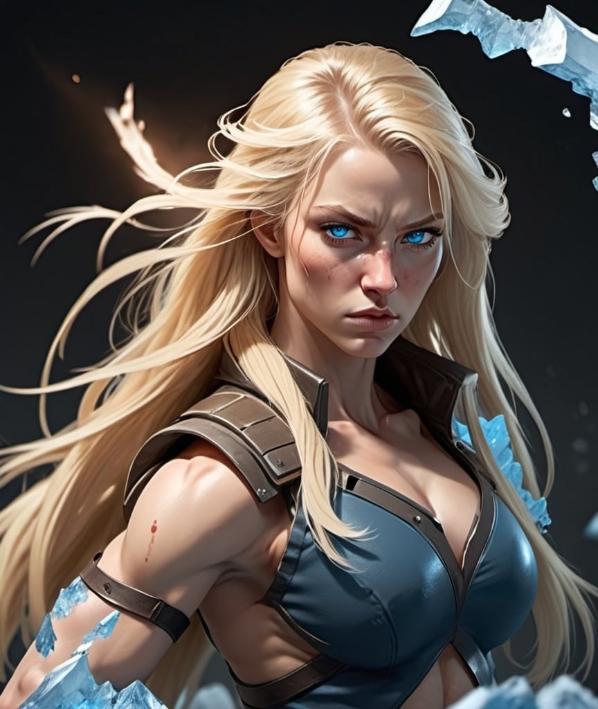 Prompt: Female figure. Greater bicep definition. Sharper, clearer blue eyes. Nosebleed. Long Blonde hair flapping. Frostier, glacier effects. Fierce combat stance.