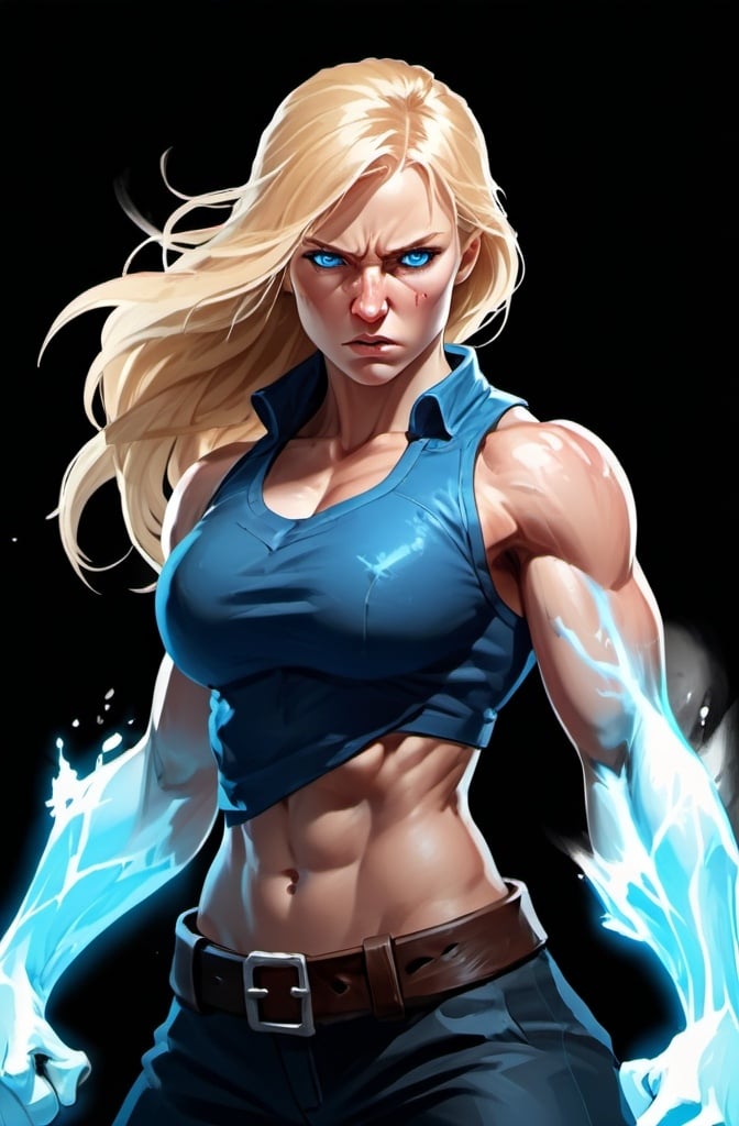 Prompt: Female figure. Greater bicep definition. Sharper, clearer blue eyes. Nosebleed. Long Blonde hair flapping. Frostier, glacier effects. Fierce combat stance. Raging Fists. 