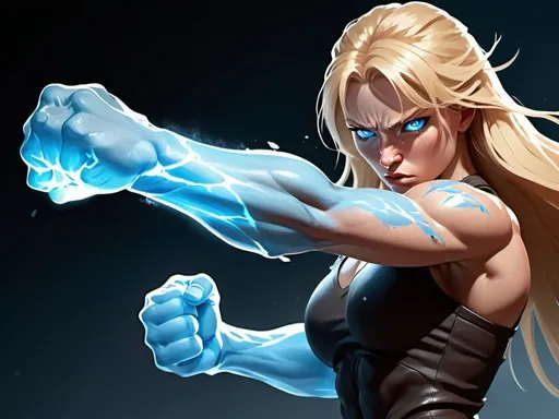 Prompt: Female figure. Greater bicep definition. Sharper, clearer blue eyes. Nosebleed. Long Blonde hair flapping. Frostier, glacier effects. Fierce combat stance. Raging Fists. Icy Knuckles. 