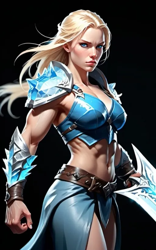 Prompt: Female figure. Greater bicep definition. Sharper, clearer blue eyes. Long Blonde hair flapping. Frostier, glacier effects. Fierce combat stance. Ice daggers.