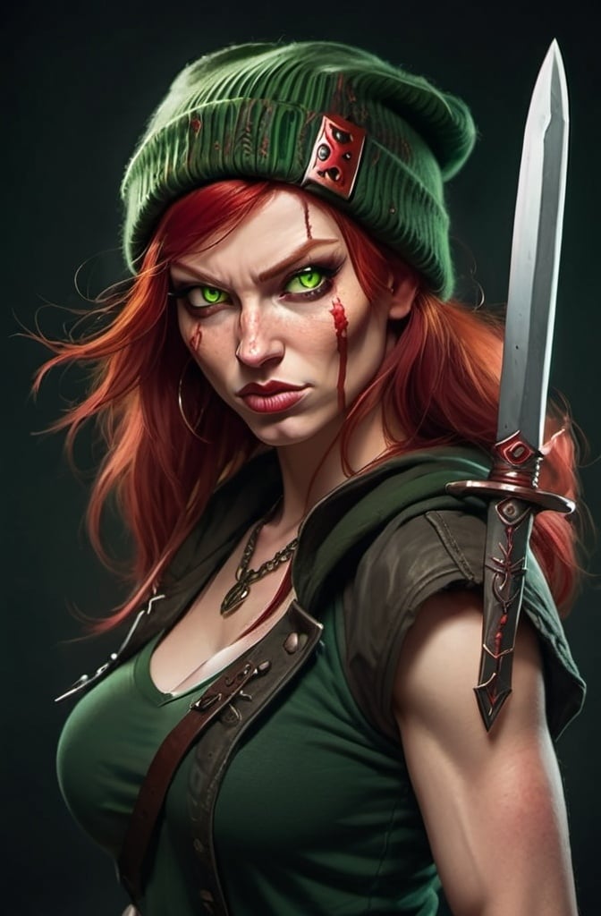 Prompt: Evil red-haired warrior woman With Carmine Red eyes, wearing a green beanie and a mischievous smirk. Carries daggers.