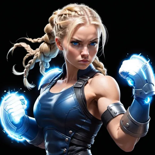 Prompt: Female figure. Greater bicep definition. Dark Blue eyes. Blonde braided ponytail. Fierce combat stance. Raging Gravity-powered Gauntlets. 