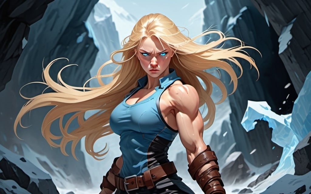 Prompt: Female figure. Greater bicep definition. Sharper, clearer blue eyes. Nosebleed. Long Blonde hair flapping. Frostier, glacier effects. Fierce combat stance. Raging Fists.