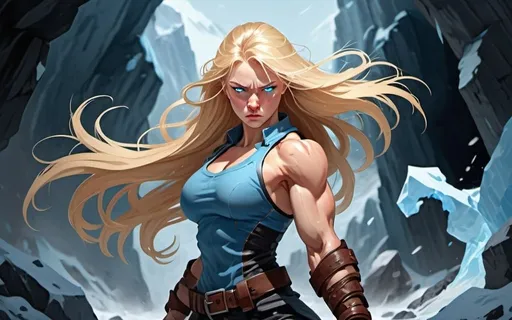 Prompt: Female figure. Greater bicep definition. Sharper, clearer blue eyes. Nosebleed. Long Blonde hair flapping. Frostier, glacier effects. Fierce combat stance. Raging Fists.