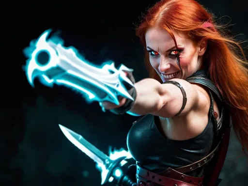 Prompt: Evil red-haired warrior woman with a mischievous grin. Carmine, red eyes. Fierce combat stance.