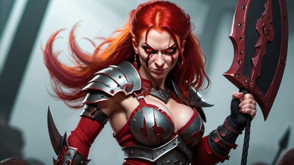 Prompt: Evil red-haired warrior woman with a mischievous grin. Carmine, red eyes. Fierce combat stance.