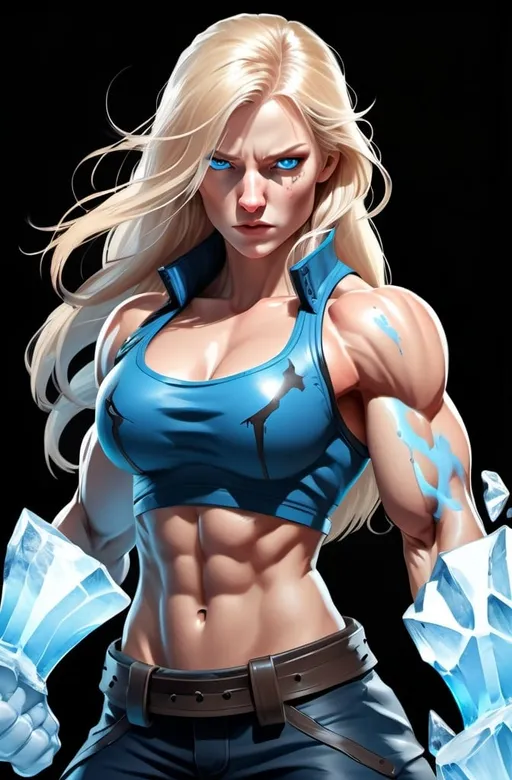 Prompt: Female figure. Greater bicep definition. Sharper, clearer blue eyes. Nosebleed. Long Blonde hair flapping. Frostier, glacier effects. Fierce combat stance. Raging Fists. Icy Knuckles.