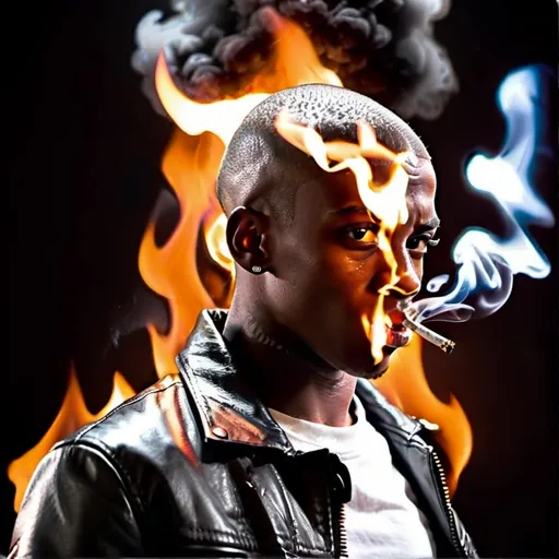 Prompt: Young black man with Cigarette in mouth. Short in height. Leather Jacket. Sinister glare. Angry. Psychotic. Buzz cut. Flaming hands. Fire effects and background. 