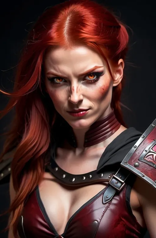 Prompt: Evil red-haired warrior woman with a mischievous grin. Carmine, red eyes. Fierce combat stance.