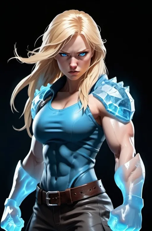 Prompt: Female figure. Greater bicep definition. Sharper, clearer blue eyes. Nosebleed. Long Blonde hair flapping. Frostier, glacier effects. Fierce combat stance. Raging Fists. Icy Knuckles. 