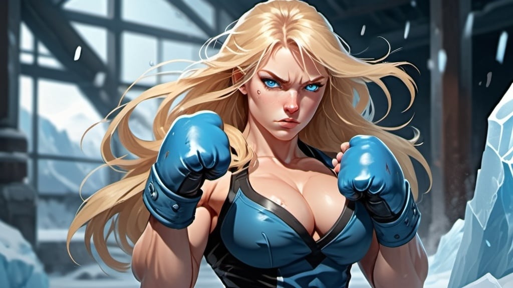 Prompt: Female figure. Greater bicep definition. Sharper, clearer blue eyes. Nosebleed. Long Blonde hair flapping. Frostier, glacier effects. Fierce combat stance. Raging Fists. Icy Knuckles.