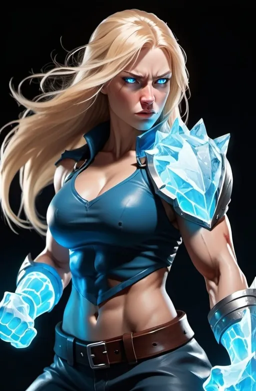 Prompt: Female figure. Greater bicep definition. Sharper, clearer blue eyes. Nosebleed. Long Blonde hair flapping. Frostier, glacier effects. Fierce combat stance. Raging Fists. Icy Knuckles. 