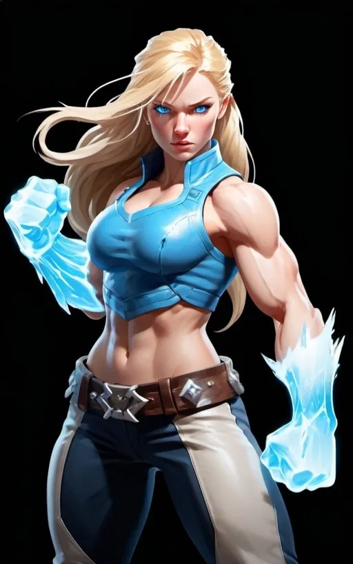 Prompt: Female figure. Greater bicep definition. Sharper, clearer blue eyes. Long Blonde hair flapping. Frostier, glacier effects. Fierce combat stance. Icy Knuckles. Raging Fists.