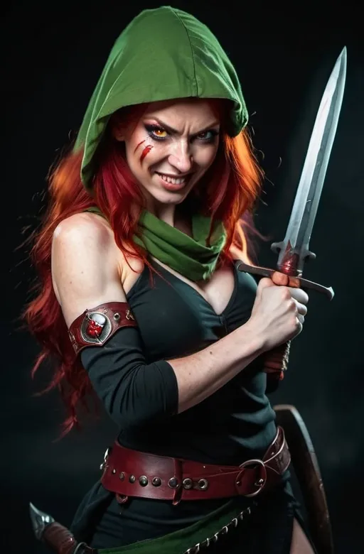 Prompt: Evil red-haired warrior woman with a mischievous grin. Carmine, red eyes. Fierce combat stance.