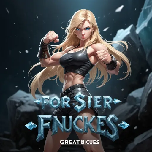 Prompt:   Female figure. Greater bicep definition. Sharper, clearer blue eyes. Nosebleed. Long Blonde hair flapping. Frostier, glacier effects. Fierce combat stance Raging Fists. Icy Knuckles.