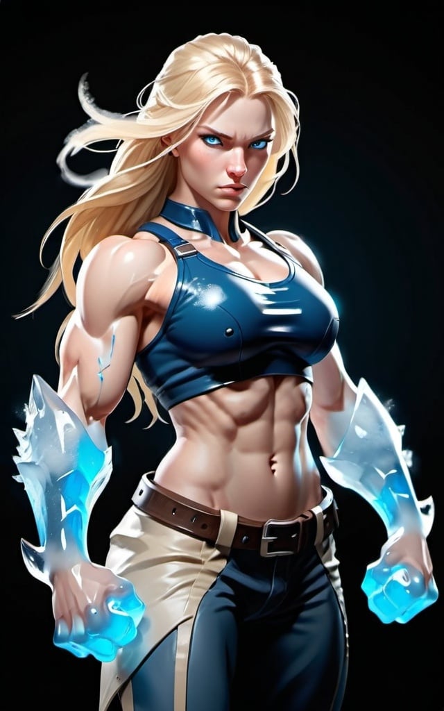 Prompt: Female figure. Greater bicep definition. Sharper, clearer blue eyes. Long Blonde hair flapping. Frostier, glacier effects. Fierce combat stance. Icy Knuckles.