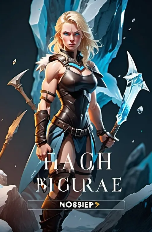 Prompt:  Female figure. Greater bicep definition. Sharper, clearer blue eyes. Blonde hair flapping. Nosebleed. Frostier, glacier effects. Fierce combat stance. Holding ice daggers. 