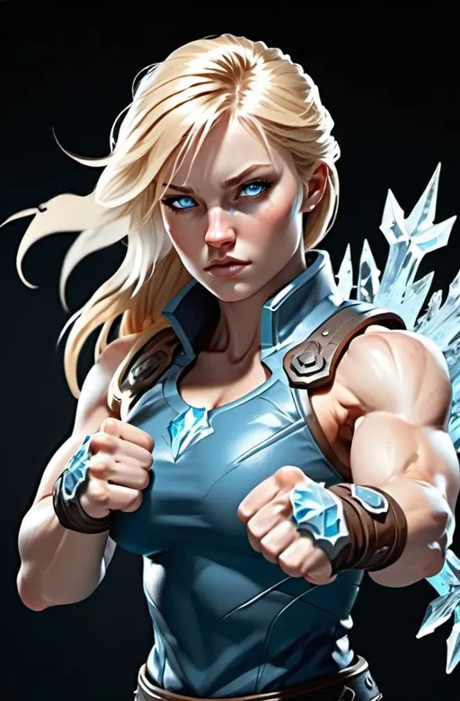 Prompt: Female figure. Greater bicep definition. Sharper, clearer blue eyes. Long Blonde hair flapping. Frostier, glacier effects. Fierce combat stance. Frost Covered Fists.