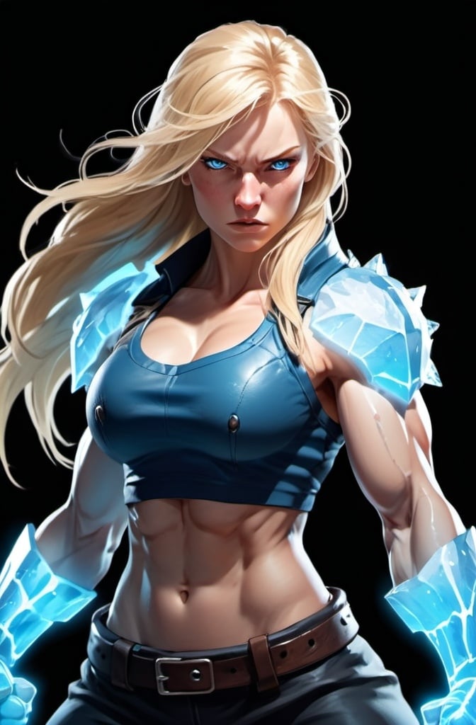 Prompt: Female figure. Greater bicep definition. Sharper, clearer blue eyes. Nosebleed. Long Blonde hair flapping. Frostier, glacier effects. Fierce combat stance. Raging Fists. Icy Knuckles. 