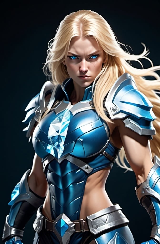 Prompt: Female figure. Greater bicep definition. Sharper, clearer blue eyes. Nosebleed. Long Blonde hair flapping. Frostier, glacier effects. Fierce combat stance. Raging Fists. Icy Knuckles. Blue armor suit.