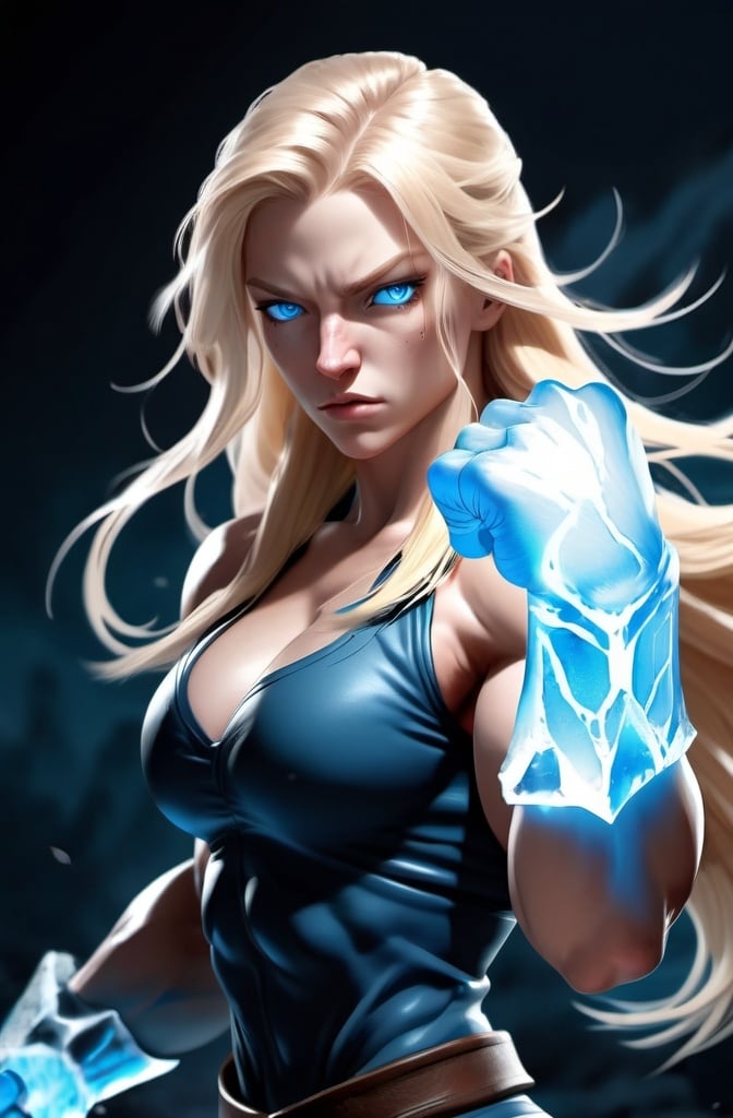 Prompt: Female figure. Greater bicep definition. Sharper, clearer blue eyes. Nosebleed. Long Blonde hair flapping. Frostier, glacier effects. Fierce combat stance. Raging Fists. Icy Knuckles.