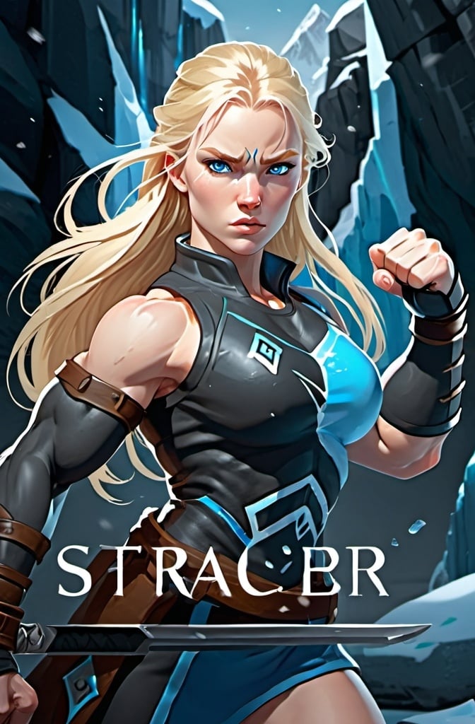 Prompt: Female figure. Greater bicep definition. Sharper, clearer blue eyes. Long Blonde hair flapping. Frostier, glacier effects. Fierce combat stance. Ice Fists.